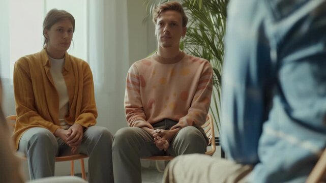 Three people seated on chairs facing each other, focused on conversation.