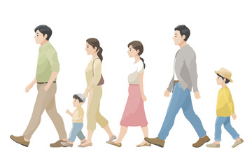 Fototapeta premium Illustrazione vettoriale di una famiglia multietnica di sei persone che camminano insieme su sfondo trasparente.