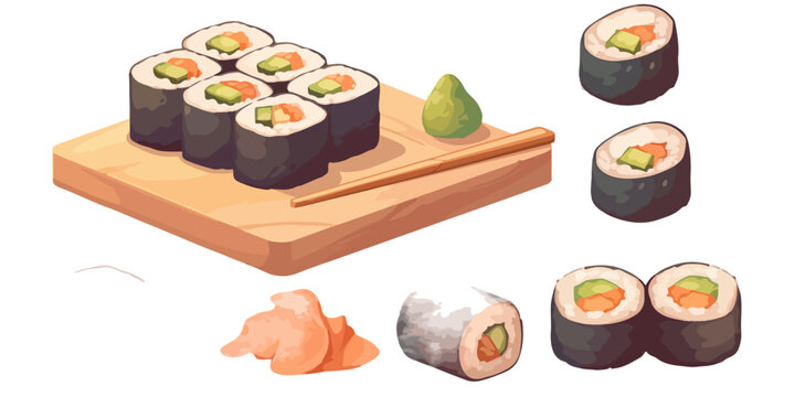 Illustrazione di Maki Sushi assortiti con wasabi e zenzero marinato su sfondo trasparente.