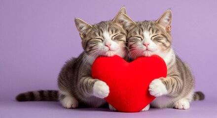 Two adorable kittens hugging a red heart on a soft purple background