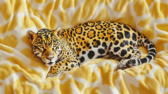 A charming leopard cub resting peacefully on a warm yellow fleece blanket with playful patterns. The cute kitten's fur contrasts beautifully with the soft texture of the blanket