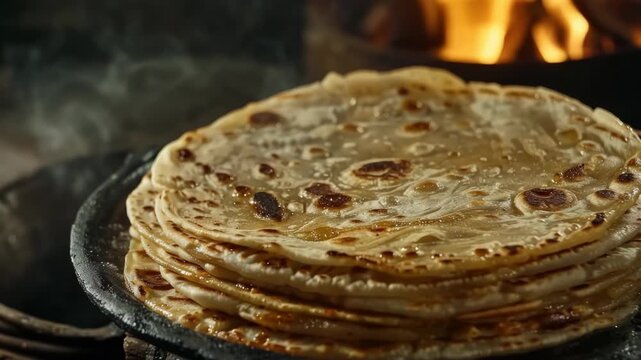 A stack of soft and slightly charred naan bread resting on top of the hot tandoor oven after being freshly baked.