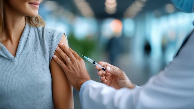 A healthcare professional administers a vaccine injection to a young woman in a modern medical facility. The scene highlights vaccination, health, and preventive care in a clinical setting