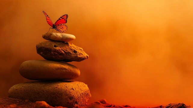 Fantasy showing a red butterfly perched atop rocks, with an orange and fiery background indicative of lava.