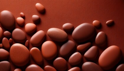Smooth Reddish Brown Rounded River Stones Scattered Across A Textured Terracotta Surface