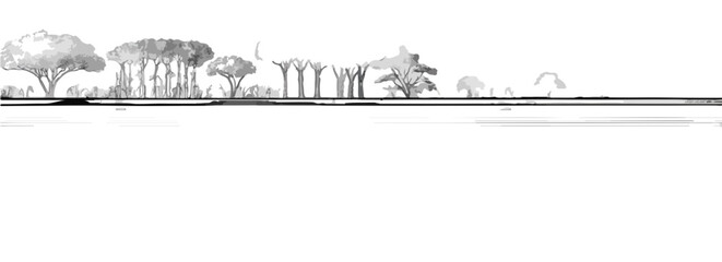 多様な樹木が並ぶ風景の線画イラスト、水面に映る様子が透明感のある表現で描かれている