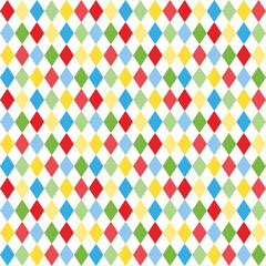 Clean seamless argyle diamond pattern in red, blue, green and yellow on white. Minimal geometric background for fabric, branding and packaging.