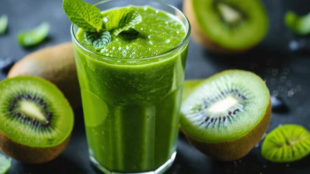 A vibrant green smoothie served in a clear glass, garnished with fresh kiwi slices and a sprig of mint. The drink appears thick and creamy, suggesting it's packed with nutrients from the ripe fruit.