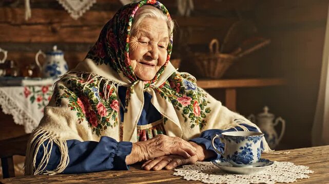 A smiling russian grandma sitting at a wooden table with a blue cup in a cozy rustic environment