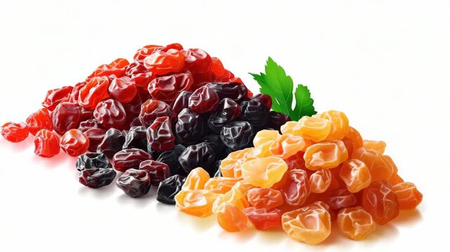 Assorted colorful dried fruits on white background
