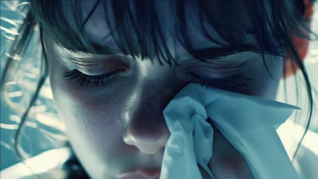 This depicts a young woman with tears in her eyes, gently wiping her face with a tissue. Her expression is somber and reflective.