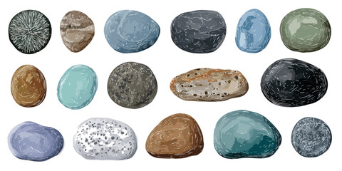 様々な色と形の滑らかな石のコレクション、白背景に配置された透明な石