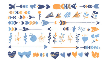 ボヘミアン風の矢印、ハート、植物などのイラスト素材集。透明感のあるデザインが特徴。