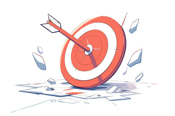 的確に的を射る矢と砕け散る的、目標達成と成功のイメージを表現するイラスト。