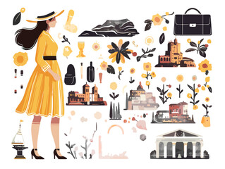 エレガントな女性と夏の旅行のモチーフが描かれたイラスト。透明感のあるデザインで、夏のバカンスやリゾートを連想させます。