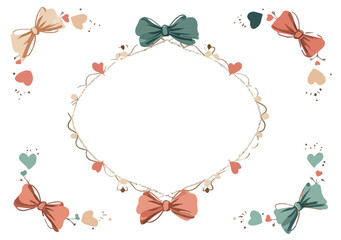 可愛らしいリボンとハートの装飾が施された、透明な背景の楕円形のフォトフレームデザイン