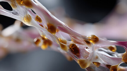 An exquisite macro shot showcases an intricate network of biological threads adorned with vibrant colors, emphasizing the delicate beauty and complexity of life at a microscopic scale.