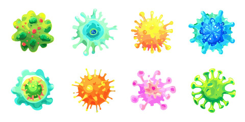 カラフルなウイルスのイラストセット、透明な背景に様々な形状と色で描かれています。