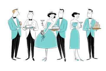 ウェディングパーティーでタキシードとドレスを着た人々がケーキや飲み物を提供し、祝祭の雰囲気を演出しているイラスト。