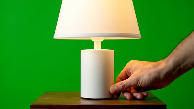 A hand adjusting a modern white desk lamp with a conical shade on a wooden table against a green background.