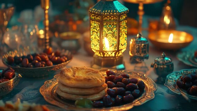 A table set for a meal featuring plates of food and decorative elements.
