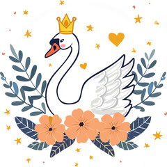Naklejka premium Charming white swan with a golden crown, gracefully standing amidst warm orange flowers and blue leaves, on a soft beige background with subtle stars, inviting illustration.
