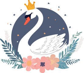 Fototapeta premium Elegant white swan with a golden crown, gracefully posed amidst vibrant pink flowers and blue leaves, on a deep dark blue background with twinkling stars, enchanting illustration.