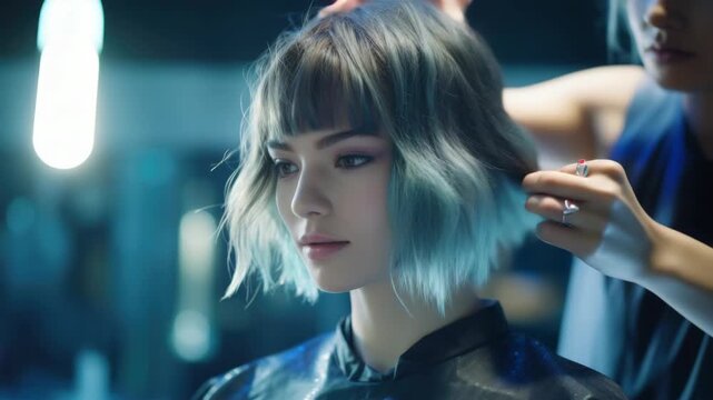 The depicts a woman with short blonde hair, styled in a bob cut, sitting in a salon chair. She is wearing makeup and has bangs framing her face.