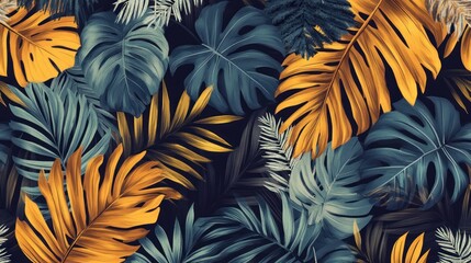 Abstract foliage pattern with blue and yellow tropical leaves design