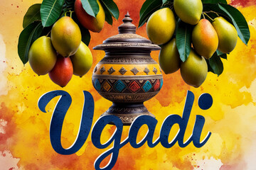 Greeting card Ugadi Yugadi New Year traditional holiday on first day of month Chaitra AI Generative