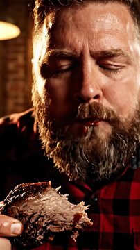 Middle aged man enjoys barbecue brisket slices while sitting in a rustic setting