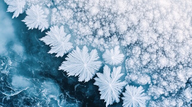 Abstract frozen water surface with crystal structures and icy textures