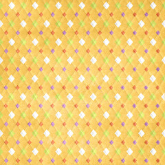 Warm golden argyle diamond pattern with watercolor texture and colorful accents. Cheerful seamless background for fabric and decor.