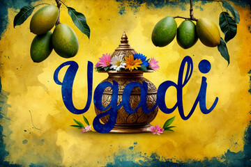 Greeting card Ugadi Yugadi New Year traditional holiday on first day of month Chaitra AI Generative