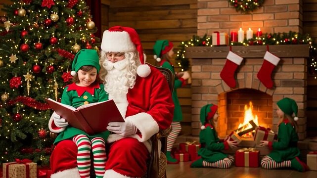 Santa Claus Reading a Storybook to a Child in Festive Living Room with Christmas Tree and Fireplace Warmth