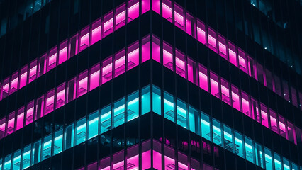 Modern City Skyscraper at Night with Pink and Blue Neon Lights.