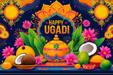 Greeting card Ugadi Yugadi New Year traditional holiday on first day of month Chaitra AI Generative
