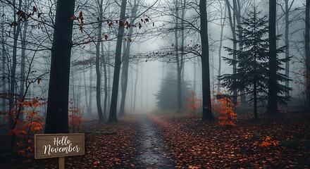 Misty forest path with autumn foliage and a hello november sign
