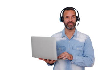 Man wearing headset using laptop, thinking about remote work solutions, customer service, or online call