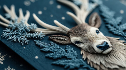 detailed deer head ornament with snowy winter foliage and snowflakes.