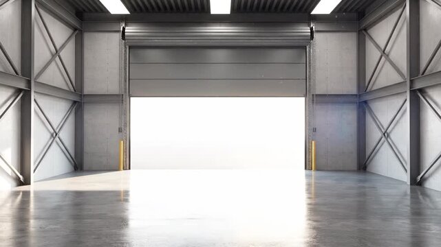 An empty industrial warehouse with a large garage door open, allowing natural light to illuminate the polished concrete floor.