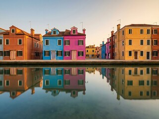 Colorful Facades Of Burano Island Without People At Golden Hour