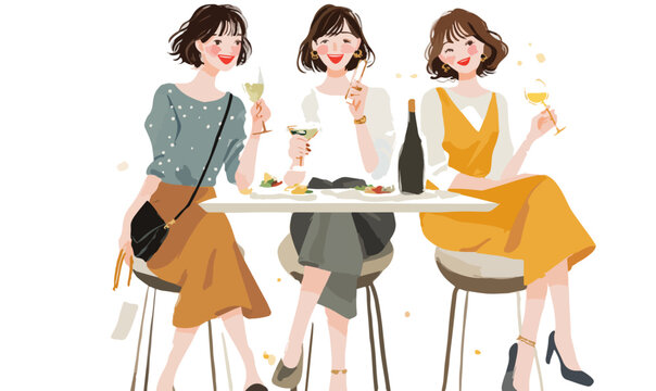 Ilustraci&oacute;n de tres amigas celebrando con copas de vino blanco en una mesa.