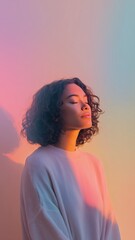 穏やかに目を閉じる女性の横顔。リラックスや瞑想イメージに最適なポートレート。