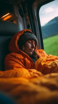 Young woman peacefully sleeping inside a van during a rainy day, wrapped in a cozy orange sleeping bag. The tranquil scene captures the essence of van life and outdoor adventure
