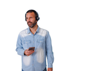 Employee wearing headset and holding smartphone engaging in online support or virtual communication, transparent background