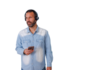 Employee wearing headset and holding smartphone engaging in online support or virtual communication, transparent background