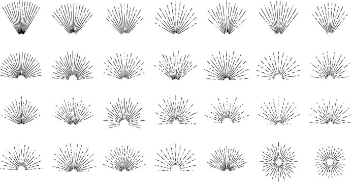 Hand-drawn Black and White Line Art Sunbursts  Starbursts Vector Set. Vintage Radial Rays Design Elements for Retro Logos, Labels, Badges, and Graphic Design.