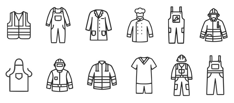 Workwear and safety clothing line icons set showing vest coverall coat chef uniform apron jacket t shirt, helmet with simple outline style, professional apparel collection for industry service  