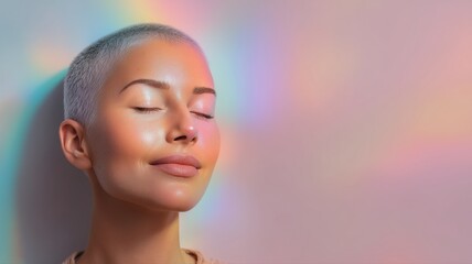 短髪の女性が目を閉じて微笑む表情。リラックスや美容関連のイメージに最適なポートレート。